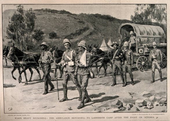Boer War: wounded soldiers returning to Ladysmith camp after a battle. Reproduction after a watercolour by F. Dadd after photograph. Copyright: xpiemagsx