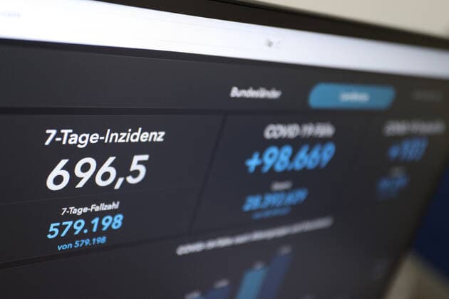 Dashboard des RKI, die 7-Tage-Inzidenz liegt nun bei 696,5 7-Tage-Inzidenz, Dashboard des RKI auf einem Monitor am 02.07.2022 in Siegen Deutschland.