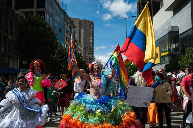 International Pride Day Celebrations In Bogota Drag women wave Colombian and pride flags during the international Pride parade celebrations in Bogota, Colombia, on July 3, 2022. Colombia celebrates the international pride parade the closest sunday to the international event to gather the most amount of members of the LGTBIQ+ Community. Bogota Colombia  Copyright: xSebastianxBarrosx originalFilename: barrossalamanca-internat220703_npf0z.jpg