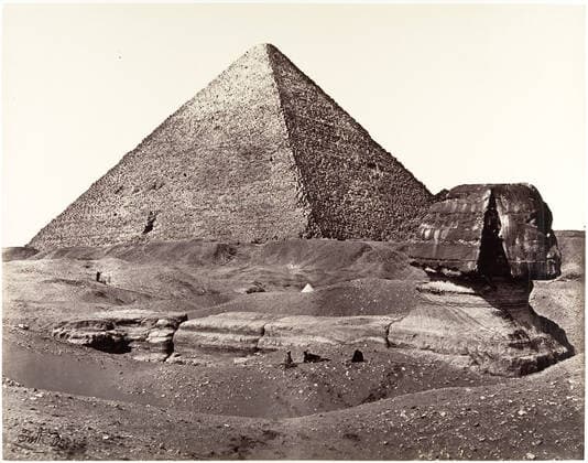 The Great Pyramid and The Great Sphinx 1858 Francis Frith British In 1856 Frith set out on the first of three trips to the Middle East, launching a highly successful career as a photographer and publisher of foreign topographic views. It is miraculous that he succeeded in making monumental and theatrical views such as this one, for the relatively new glass negatives required him to transport his enormous camera, sheets of glass, and bottles of chemicals through the desert and to coat, expose, and develop his plates before the collodion emulsion dried. With the thermometer at 110Â° in my tent, wrote Frith, the collodion actually boiled when poured upon the glass plate. . The Great Pyramid and The Great Sphinx 286141 Copyright: xpiemagsx Metbot-173273