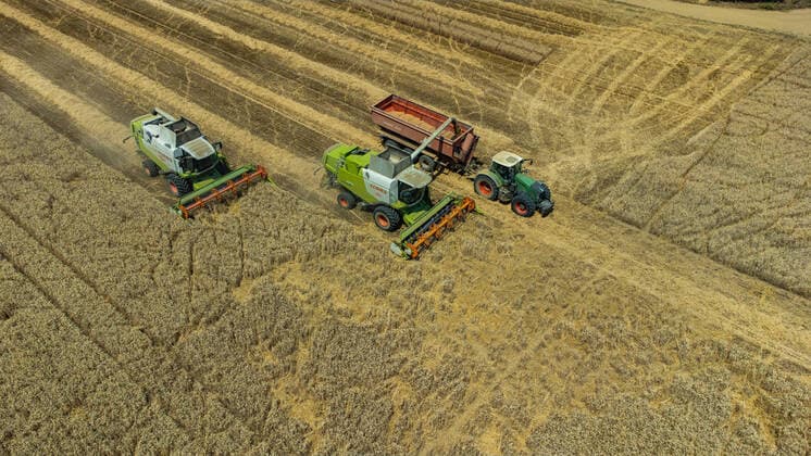 News Themen der Woche KW27 News Bilder des Tages PXL_Wheat harvest Aerial photo taken on July 5, 2022. shows wheat harvest on the field of Belje company , in Grabovac, Croatia DavorxJavorovic PIXSELL