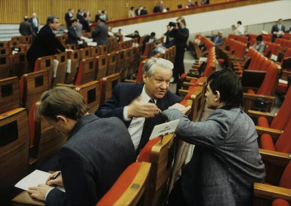 3rd Extraordinary Congress of People s Deputies of USSR 8218784 12.03.1990 The 3rd Extraordinary Congress of People s Deputies of the USSR, Kremlin Palace of Congresses (now Grand Kremlin Palace), March 12-15, 1990. People s Deputies of the USSR, member of the Council of Nationalities of the Supreme Soviet of the USSR Boris Yeltsin, center, and member of the Inter-regional Deputy Group Ilya Zaslavsky, right, exchange opinions during a break in sessions. ?????? ?????? ?? Moscow Russia  Copyright: x?????? x?????? ??x