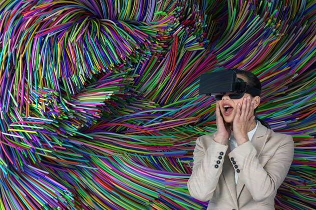 Woman in VR headset against colour lines background Digital composite of Woman in VR headset against colour lines background, model released, , property released, Cork, Ireland, 24.07.2017, 1063103.jpg, white background,entrepreneur,executive,profession,professional,occupation,corporate,reliability,job,career,businesswoman,well dressed,wireless technology,technology,standing,watching,virtual video glasses,3d,device,smart glasses,innovation,futuristic,imagination,modern,gaming,entertainment,isolated,half length,excitement,mouth open,surprise,shadow,digital generated,3d composite,copy space,blank space,advertisement,empty space,gray,focus on shadow,focus shot,blank,empty,graphic,dark Mid Adult,Woman,Female,Chinese