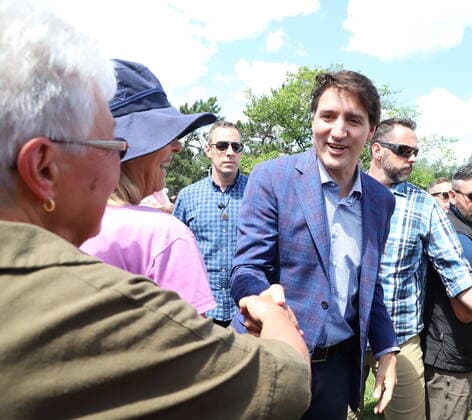 July 7, 2022, Sudbury, ON, CANADA: Prime Minister Justin Trudeau greets supporters in Bell Park, in Sudbury, Ont., Thursday, July 7, 2022, where the Prime Minister and Dr. Jane Goodall took part in the historic planting of Greater SudburyöÄÃ s 10 millionth tree. Sudbury CANADA - ZUMAc35_ 20220707_zaf_c35_052 Copyright: xGinoxDonatox