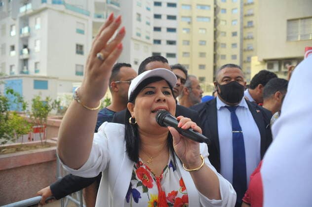 July 7, 2022, Tunisia: Abir Moussi (C), president of the Destourian Free Party (PDL), organizes a demonstration against Tunisian President Kais Saied and the referendum in front of the headquarters of the ISIE Independent High Authority for Elections in the capital Tunis in the presence of an important device of the security forces which prevented party supporters from approaching the ISIE headquarters. Yassine Mahjoub. Tunisia - ZUMAm107 20220707_zaf_m107_040 Copyright: xChokrixMahjoubx