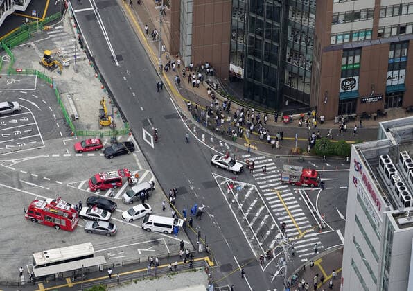 Bilder des Jahres 2022, News 07 Juli News Themen der Woche KW27 News Bilder des Tages Ex-Japan PM Abe shot by person with shotgun Photo taken from a Kyodo News helicopter in Nara, western Japan, on July 8, 2022, shows an area near the location where former Japanese Prime Minister Shinzo Abe was shot from behind earlier in the day by an unidentified man wielding a shotgun. Abe was giving a stump speech for the weekend s House of Councillors election at the time of the attack.  A14AA0001311861P