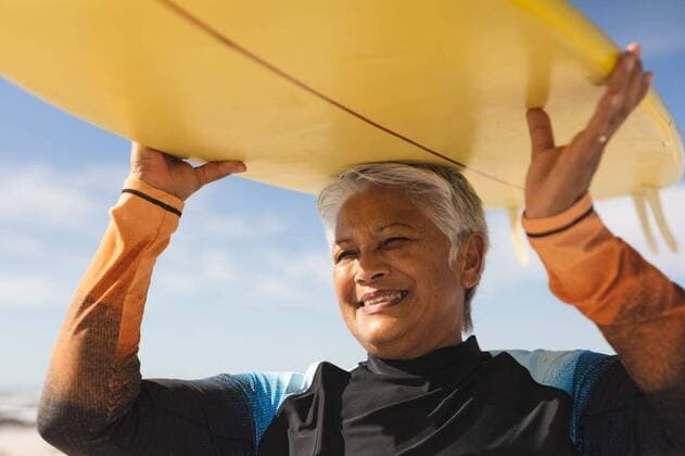 Creative Highlights Symbolbilder Happy biracial senior woman carrying yellow surfboard over head at beach during sunny day Happy biracial senior woman carrying yellow surfboard over head at beach during sunny day. water sport and active lifestyle., model released, , property released, Cape Town, South Africa, 10.11.2021, 3087021.jpg, people,happy biracial,senior woman,carrying,yellow,surfboard,head,beach,sunny day,water,sport,active lifestyle,sea,ocean,coast,vacation,summer,surfer,nature,recreation,sand,travel,tropical,outdoor,blue,landscape,active,sky,activity,sun,leisure,beautiful,happy,biracial,senior,woman,sunny,day,lifestyle Senior,Elderly,Woman,Female,Mixed-Race