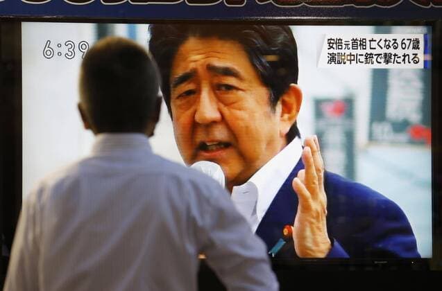 Ex-Japan PM Abe shot to death A street TV in Tokyo shows news that former Japanese Prime Minister Shinzo Abe was shot to death in Nara on July 8, 2022. Abe, 67, was giving a stump speech for the July 10 House of Councillors election.  A14AA0001311983P