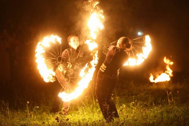 KEMEROVO REGION, RUSSIA - JULY 8, 2022: A fire show during Ivan Kupala Day celebrations at the Tomskaya Pisanitsa open-air museum in Kemerovo Region s Yashkinsky District, some 50 km northwest of Kemerovo. Maxim Kiselev TASS  TS1397A4