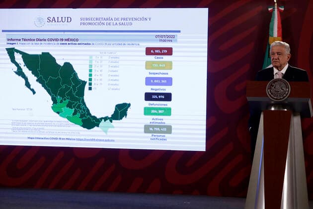 July 8, 2022, Mexico City, Mexico City, Mexico: July 8, 2022, Mexico City, Mexico: Mexico s President, Andres Manuel Lopez Obrador speaks during his daily morning briefing conference at the National Palace. on Jul 8, 2022 In Mexico City, Mexico. Mexico City Mexico - ZUMAe321 20220708_zia_e321_048 Copyright: xLuisxBarronx xEyepixxGroupx