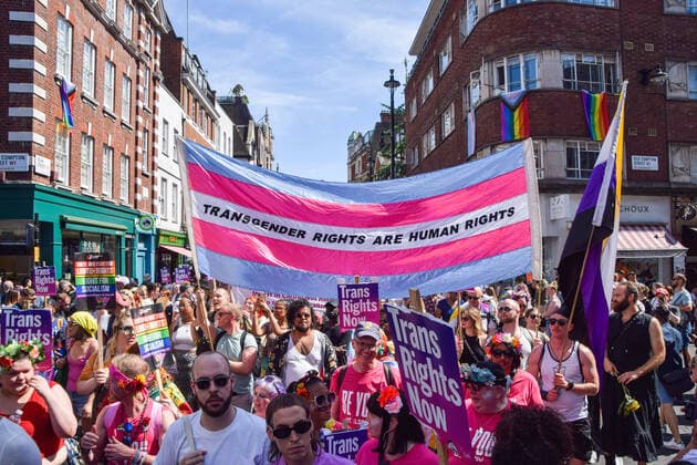 July 9, 2022, London, United Kingdom: Protesters carry a banner with the colours of the Trans Pride flag which says Transgender rights are human rights during the Trans Pride march in Soho. Thousands of people marched through central London in support of Trans rights. London United Kingdom - ZUMAs197 20220709_zaa_s197_328 Copyright: xVukxValcicx