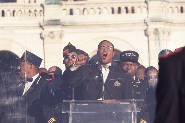 October 16, 1995 Washington DC: Men outside US Capitol building during Million Man March. LOUIS FARRAKHAN, the leader (from 1978) of the Nation of Islam (NOI), an African American movement that combined elements of Islam with Black nationalism, organized and led the million Man March to the capitol in Washington D.C. Washington U.S. - ZUMAm62_ 19951016_jtc_m62_505 Copyright: xKevinxMcKiernanx
