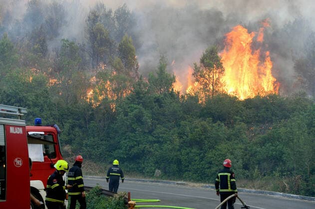 PXL_Zaton fire by the road Fire in an open area near the Zaton site in the Vodice hinterland, Croatia on July 13, 2022. About 30 firefighters with a dozen vehicles are on the ground, and two Canadairs joined the ground forces in extinguishing the fire. There are pine forests above, low vegetation, and endangered buildings. HrvojexJelavic PIXSELL