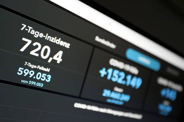 Dashboard des RKI, die 7-Tage-Inzidenz liegt nun bei 720,4 7-Tage-Inzidenz, Dashboard des RKI auf einem Monitor am 14.07.2022 in Siegen Deutschland.