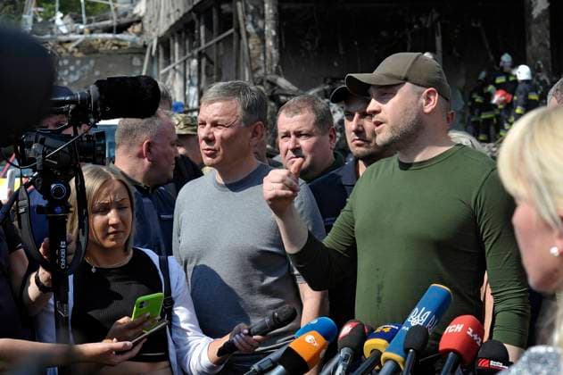 Briefing of Ukrainian interior ministry on Russian missile attack on Vinnytsia VINNYTSIA, UKRAINE - JULY 14, 2022 - Vinnytsia city head Serhii Morhunov and Minister of Internal Affairs of Ukraine Denys Monastyrskyy (L to R) hold a briefing on the consequences of the Russian missile attack, Vinnytsia, central Ukraine. Twenty-three civilians are reported killed after Kalibr cruise missiles launched by the Russian military from a submarine in the Black Sea hit downtown Vinnytsia. This photo cannot be distributed in the Russian Federation. NO USE RUSSIA. NO USE BELARUS. Vinnytsia Ukraine  Copyright: xOleksandrxLapinx originalFilename: ukrinform-briefing220714_npb3t.jpg