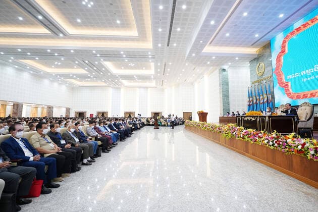 (220716) -- PHNOM PENH, July 16, 2022 -- President of the Cambodian People s Party (CPP) and Prime Minister of Cambodia Samdech Techo Hun Sen (1st R) chairs the CPP s extraordinary congress in Phnom Penh, Cambodia on July 16, 2022. The ruling CPP held an extraordinary conference of its Central Committee on Saturday to set out an action plan for 2023, the year in which the country s next general elections will be held. (Photo by Xinhua) CAMBODIA-PHNOM PENH-RULING PARTY-EXTRAORDINARY CONGRESS LyxLay 
