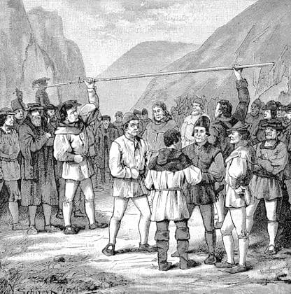 Deutscher Bauernkrieg, 1524-1526, Abstimmung zu Luibas. Leubas ist ein Kirchdorf im Norden der Stadt Kempten und besass im Mittelalter eine Knochenmühle. Im Jahr 1525 versammelten sich im Januar Bauern und trafen den Beschluss, den Schwäbischen Bund zu berufen German Peasants War, 1524-1526, vote on Luibas. Leubas is a church village in the north of the city of Kempten and in the Middle Ages had a bone mill. In 1525 peasants gathered in January and made the decision to call the Swabian League, Historisch, digital restaurierte Reproduktion einer Originalvorlage aus dem 19. Jahrhundert, genaues Originaldatum nicht bekannt,