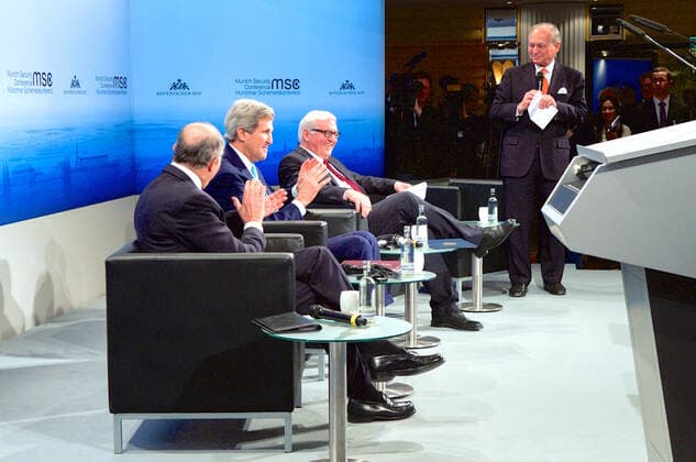 U.S. Secretary of State John Kerry smiles on February 8, 2015, as he receives applause after Wolfgang Ischinger, chairman of the Munich Security Conference in Munich, Germany, announced the birth of his new granddaughter before the Secretary made remarks and participate in a panel discussion with French Foreign Minister Laurent Fabius and German Foreign Minister Frank-Walter Steinmeier. Copyright: xpiemagsx deptofstpie23052022-9769 !ACHTUNG AUFNAHMEDATUM GESCHÄTZT!