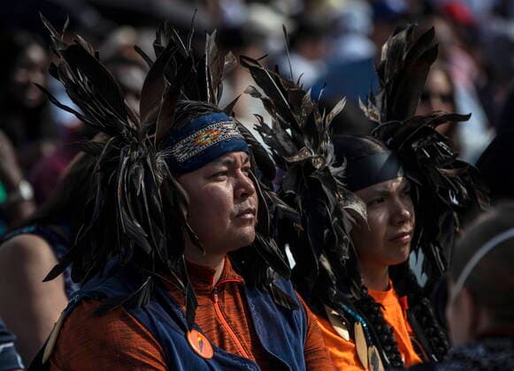 July 26, 2022, EDMONTON, ON, CANADA: Indigenous members of the crowd watch as Pope Francis give mass in Edmonton, during his papal visit across Canada on Tuesday July 26, 2022. EDMONTON CANADA  - ZUMAc35_ 20220726_zaf_c35_030 Copyright: xJasonxFransonx