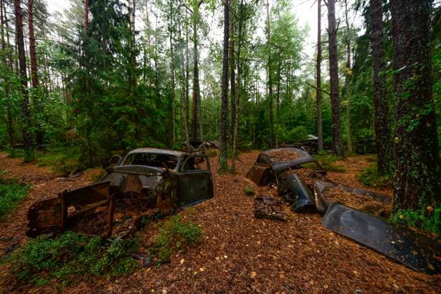 Kyrkö Moose Der Autofriedhof Kyrkö Mosse bei Ryd in Schweden. Ryd Blekinge Schweden *** Kyrkö Moose The car cemetery Kyrkö Mosse near Ryd in Sweden Ryd Blekinge Sweden