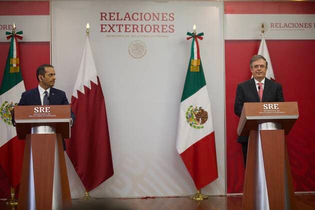 July 26, 2022, Mexico City, Mexico City, Mexico: July, 26, 2022, Mexico City, Mexico: Mexicoâ€⠢s Foreign Affairs Minister Marcelo Ebrard and Qatar Deputy Prime Minister and Minister of Foreign Affairs Mohammed bin Abdulrahman bin Jassim Al Thani, during the signing of bilateral agreement between both nations Mexico-Qatar. on July 26, 2022 in Mexico City, Mexico. Mexico City Mexico - ZUMAe321 20220726_zia_e321_036 Copyright: xJulianxLopezx xEyepixxGroupx