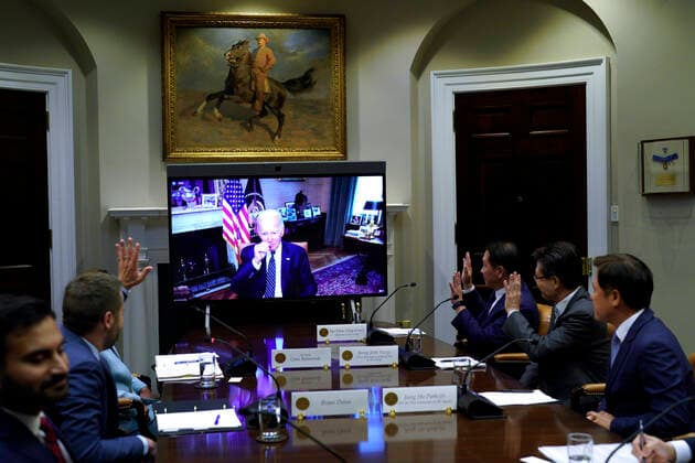 United States President Joe Biden virtually meets with chairmen of Korean conglomerate SK Group and members of the administration in the Roosevelt Room at the White House in Washington on July 26, 2022. Biden remains in isolation after testing positive for Covid-19 last Thursday. Copyright: xIndependentxStillxPoolxphotox 2022xAbacaUSAxfromxConsolidatedxNewsxPhotosxAllxRightsxReservex