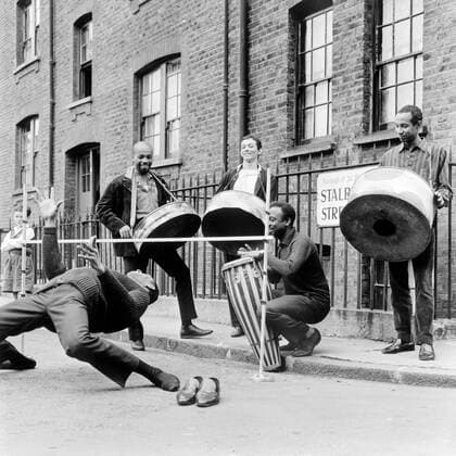 The Irwin Clement Caribbean steel band, possibly in Stalbridge Street, Marylebone, London, 1963. Creator: Henry Grant. Copyright: xHenryxGrantxCollection LondonxMuseum HeritagexImagesx IMAGO xMuseumxofxLondon Heritage-Imagesx ,1191981  Copyright: xHenryxGrantxCollection LondonxMuseum HeritagexImagesx IMAGO