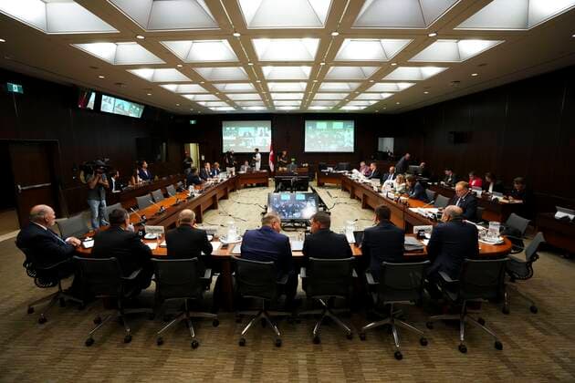 July 27, 2022, Ottawa, Ontario, CAN: Witnesses Scott Smith, Hockey Canada President and Chief Operating Officer, middle right, and Hockey Canada Chief Financial Officer Brian Cairo, middle left, join fellow witnesses as they appear at the standing committee on Canadian Heritage in Ottawa on Wednesday, July 27, 2022, looking into how Hockey Canada handled allegations of sexual assault and a subsequent lawsuit. Ottawa CAN - ZUMAc35_ 20220727_zaf_c35_013 Copyright: xSeanxKilpatrickx