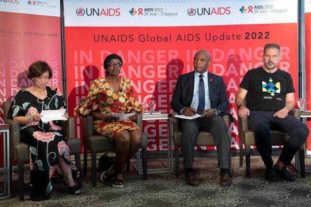 July 27, 2022, Montreal, PQ, Canada: Adeeba Kamarulzaman, president of the International AIDS Society, left to right, Winnie Byanyima, executive director of UNAIDS, John Nkengasong, U.S. Global AIDS Coordinator, and Andriy Klepikov, director of the Ukrainian Alliance for Public Health, right, take part in news conference Wednesday, July 27, 2022 in Montreal. The world AIDS conference begins here this weekend. Montreal Canada - ZUMAc35_ 20220727_zaf_c35_019 Copyright: xRyanxRemiorzx