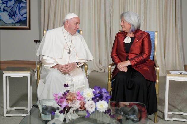 Canada, Quebec City,2022 07 27 Pope Francis meets with Governor General of Canada Mary Simon at the Citadelle de Quebec in Quebec City, Quebec, Canada, Photograph by Vatican Mediia Catholic Press Photo . RESTRICTED TO EDITORIAL USE - NO MARKETING - NO ADVERTISING CAMPAIGNS.  Copyright: xVATICANxMEDIAx xipa-agency.netx xVaticanxMediax