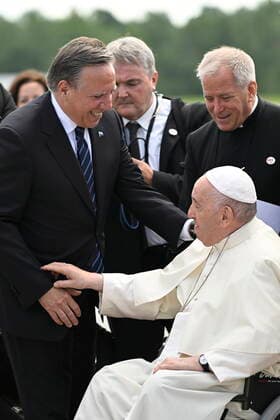 July 27, 2022, QUEBEC, QC, CANADA: Pope Francis arrives meeting Quebec Premier Franvßois Legault during his papal visit across Canada in Quebec City on Wednesday, July 27, 2022. QUEBEC CANADA  - ZUMAc35_ 20220727_zaf_c35_088 Copyright: xBernardxBraultx
