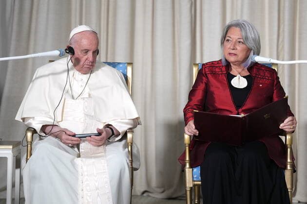 July 27, 2022, Quebec City, PQ, CANADA: Pope Francis looks on as Gov. Gen. Mary Simon speaks as the reconciliation ceremony begins at the Citadelle during his papal visit across Canada in Quebec City on Wednesday, July 27, 2022. Quebec City CANADA  - ZUMAc35_ 20220727_zaf_c35_116 Copyright: xNathanxDenettex