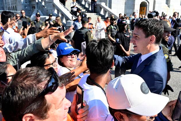 July 28, 2022, QUEBEC, QC, CANADA: Prime Minister Justin Trudeau greets First Nations members outside the Basilica of Sainte-Anne de Beaupro , east of Quebec City, during the papal visit of Pope Francis on Thursday, July 28, 2022. QUEBEC CANADA  - ZUMAc35_ 20220728_zaf_c35_027 Copyright: xBernardxBraultx