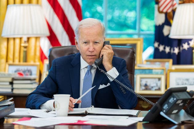 July 28, 2022, Washington, District of Columbia, USA: President JOE BIDEN posted a photo of him on social media speaking on the phone after a lengthy two hour phone call with Chinese President Xi JinpinG. Biden talked with Jinping in their first direct conversation in four months as tensions have risen over Taiwan. China s Xi reportedly told Biden on Taiwan those who play with fire perish by it. Washington USA - ZUMA 20220728_new_z03_040 Copyright: xWhitexHousex