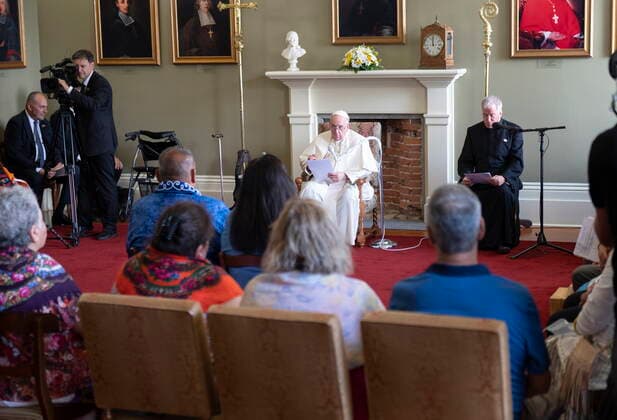 July 29, 2022, QUEBEC, QC, CANADA: Pope Francis speaks to Indigenous people during his papal visit across Canada in Quebec City on Friday, July 29, 2022. QUEBEC CANADA  - ZUMAc35_ 20220729_zaf_c35_002 Copyright: xJacquesxBoissinotx