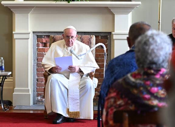 July 29, 2022, QUEBEC, QC, CANADA: Pope Francis speaks to Indigenous people during his papal visit across Canada in Quebec City on Friday, July 29, 2022. QUEBEC CANADA  - ZUMAc35_ 20220729_zaf_c35_003 Copyright: xJacquesxBoissinotx