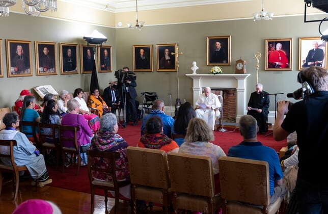 July 29, 2022, QUEBEC, QC, CANADA: Pope Francis speaks to a group of Indigenous people during his papal visit across Canada in Quebec City on Friday, July 29, 2022. QUEBEC CANADA  - ZUMAc35_ 20220729_zaf_c35_007 Copyright: xJacquesxBoissinotx