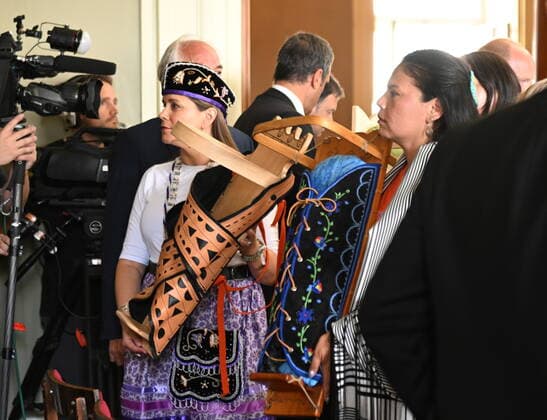 July 29, 2022, QUEBEC, QC, CANADA: Two Indigenous women hold traditional baby carriers where Pope Francis was to speak to Indigenous people during his Papal visit across Canada in Quebec City on Friday, July 29, 2022. The women were asked to leave before the Pope arrived. QUEBEC CANADA  - ZUMAc35_ 20220729_zaf_c35_008 Copyright: xJacquesxBoissinotx