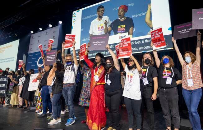 July 29, 2022, Montreal, PQ, Canada: Protesters take the stage during the opening ceremony of the AIDS 2022 conference in Montreal on Friday, July 29, 2022. Montreal Canada  - ZUMAc35_ 20220729_zaf_c35_015 Copyright: xPaulxChiassonx
