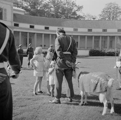Poll photo collection. Farewell to the front garden of Palace Soestdijk of the Prince Bernhard Chapel with their mascot, the goat kees, due to departure to the Dutch East Indies. Royal house. September 28, 1946. Baarn, Utrecht (province) Copyright: xpiemagsx pienatarchpart630102021-40480 !ACHTUNG AUFNAHMEDATUM GESCHÄTZT!