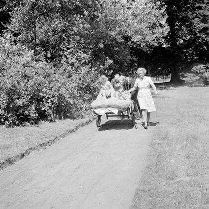 Poll photo collection. The royal family at Soestdijk Palace. The Princesses Beatrix, Irene and Marguerite on a handcart with staff in the park of the palace. July 1947. Baarn, Utrecht (province) Copyright: xpiemagsx pienatarchpart72010201-16195 !ACHTUNG AUFNAHMEDATUM GESCHÄTZT!