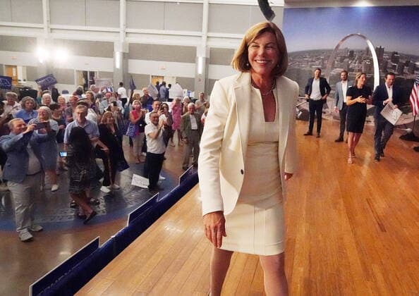 Trudy Busch Valentine leaves the stage after speaking to her supporters at her victory party after winning the Missouri Democratic primary for the U.S. Senate in St. Louis on Tuesday, August 2, 2022. Valentine is the daughter of August A. Busch Jr., who grew the Anheuser-Busch companies into the largest brewery in the world. Valentine will now face Missouri Attorney General Eric Schmitt in the General Election in November.  SLP2022080212 BILLxGREENBLATT
