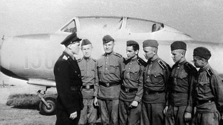 Air Force Academy cadet Valery Bykovsky 70304 01.09.1954 Air Force Academy cadet Valery Bykovsky (fourth left) with co-students. RIA Novosti Sputnik Saratov region Russia  Copyright: xRIAxNovostix