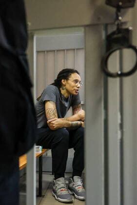 MOSCOW REGION, RUSSIA - AUGUST 4, 2022: US Olympic basketball champion Brittney Griner attends the verdict announcement at the Khimki Municipal Court in the town of Khimki, northeast of Moscow. Griner has been found guilty of smuggling and possession of drugs and sentenced to nine years in prison. Anton Novoderezhkin TASS  TS13CFA7
