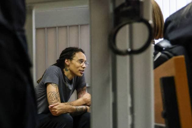 MOSCOW REGION, RUSSIA - AUGUST 4, 2022: US Olympic basketball champion Brittney Griner attends the verdict announcement at the Khimki Municipal Court in the town of Khimki, northeast of Moscow. Griner has been found guilty of smuggling and possession of drugs and sentenced to nine years in prison. Anton Novoderezhkin TASS  TS13CFA8