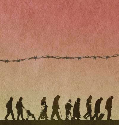 Stacheldraht und Reihe von Flüchtlingen *** Barbed wire and row of refugees  Copyright: xGaryxWatersx 11592414