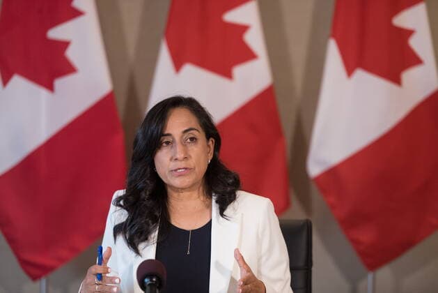 August 4, 2022, Toronto, Ont, CANADA: Minister of National Defence Anita Anand speaks on the next steps in the Canadian Armed ForcesöÄÃ efforts to support Ukraine, during a press conference in Toronto, on Thursday, August 4, 2022. Toronto CANADA  - ZUMAc35_ 20220804_zaf_c35_018 Copyright: xTijanaxMartinx