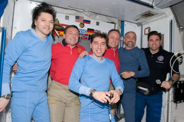 ISS017-E-021368 (23 Oct. 2008) --- Pictured from left to right, cosmonauts Oleg Kononenko, Expedition 17 flight engineer; Yury Lonchakov, Expedition 18 flight engineer; Sergei Volkov, Expedition 17 commander; astronaut Michael Fincke, Expedition 18 commander; American spaceflight participant Richard Garriott; and astronaut Greg Chamitoff, Expedition 18 flight engineer, take a moment for a group photo in the Harmony node of the International Space Station as final preparations are being made for the departure of Volkov, Kononenko and Garriott in the Soyuz TMA-12 spacecraft. Copyright: xpiemagsx piemagsspace-59272 !ACHTUNG AUFNAHMEDATUM GESCHÄTZT!