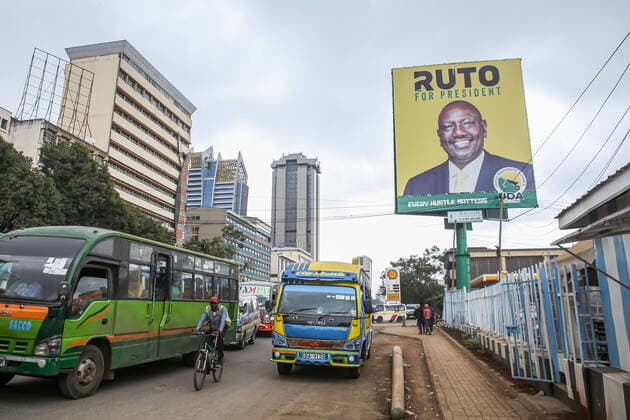August 3, 2022, Nairobi, Kenya: A Political campaign billboard with the picture of the Deputy president of Kenya William Ruto, presidential candidate United Democratic Alliance (UDA) along Haile Selassie avenue in Nairobi, as Kenyans prepare to vote on the 9th August 2022 general elections. Politicians continue to campaign in different parts of the country to seek votes from Kenyans. Political campaign billboards, posters, branded cars, umbrellas, tshirts and banners are seen everywhere general elections campaign. Kenyans will head to the polls on August 9, 2022, to elect a new president, as well as members of the National Assembly and Senate, county governors, county woman representatives and members of the 47 county assemblies. Nairobi K - ZUMAs197 20220803_zaa_s197_177 Copyright: xBonifacexMuthonix