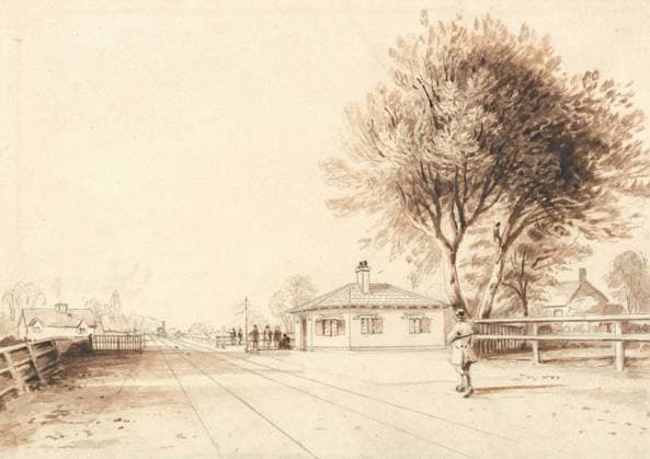 IMAGO History, Die Geburt des Eisenbahnverkehrs: 1802-1830 Isaac Shaw, active 1830, View on the Line of the Liverpool and Manchester Railway, ca. 1830. Brown wash, brown ink, and graphite on medium, slightly textured, cream wove paper. Copyright: xpiemagsx yapie250121-6953 !ACHTUNG AUFNAHMEDATUM GESCHÄTZT!